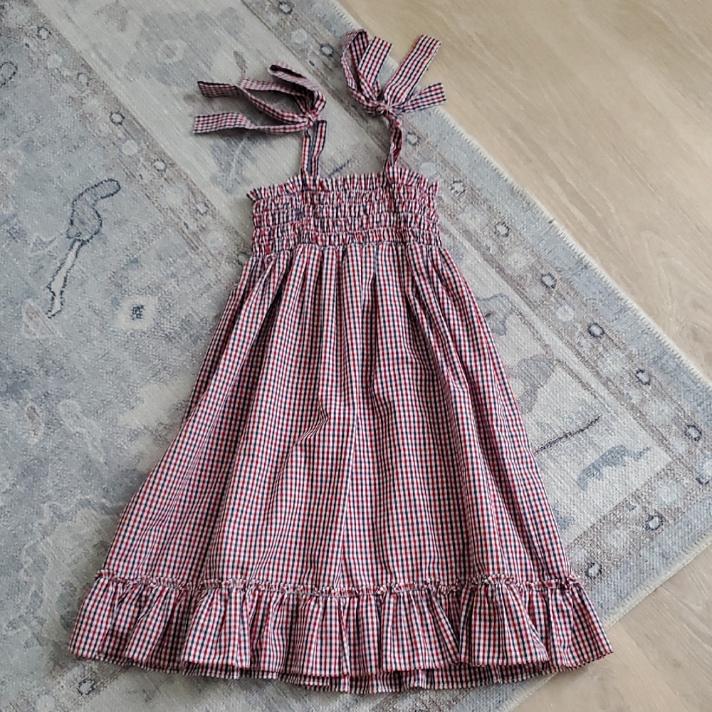 Stitchy Fish Girls Pride In Plaid Dress, Red Patriotic Smocked Sz7